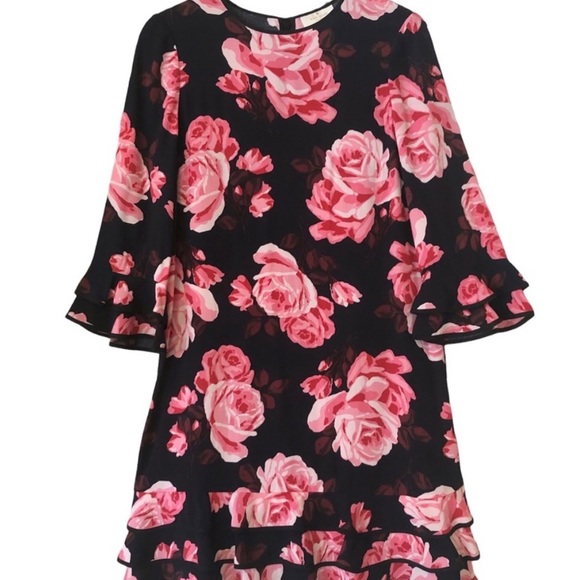 Kate Spade, Floral Ruffle Tiered Black & Pink Rose Print Rosa Shift Dress, Small - Picture 3 of 7